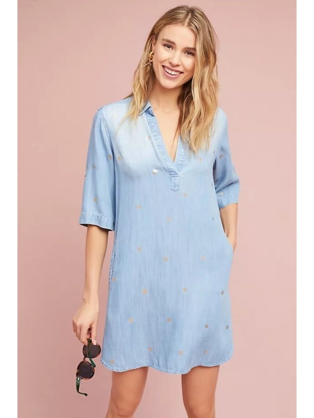 Anthropologie Cloth & Stone Gold-Dotted Chambray Shirt Dress Tencel Size XL NEW